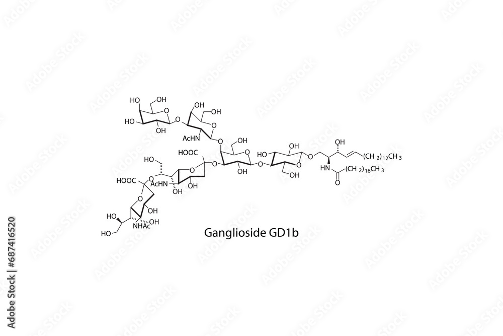 Molecular structure diagram of Ganglioside GD1b white Scientific vector illustration.