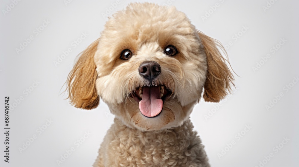 A cute Bolognese dog with its tongue out, looking towards the camera on a white background. Generative AI. A cute Bolognese dog with its tongue out, looking towards the camera on a white background. Generative AI.