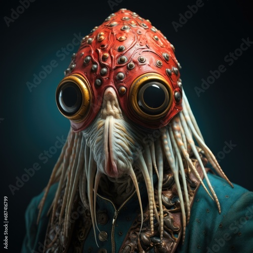 An anthropomorphic alien squid creature with a big head and a big nose in the style of Emil Melmoth. Generative AI. photo