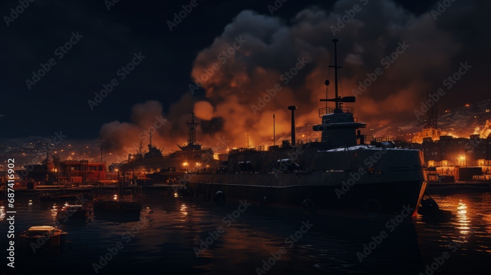 Burning naval vessel in the port. AI Burning naval vessel in the port. AI