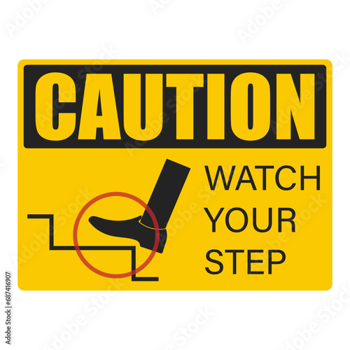 Printable yellow rectangle pictogram sign of watch your step with illustration man foot climbing up stairs