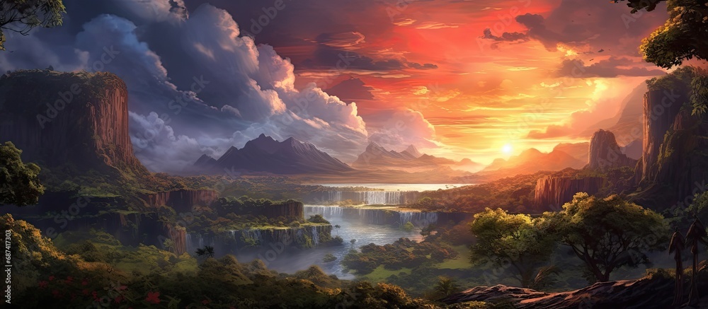 isolated park, as the summer sky darkened, the vibrant light of the setting sun painted a breathtaking landscape against the backdrop of majestic mountains, creating a mesmerizing scene with cascading