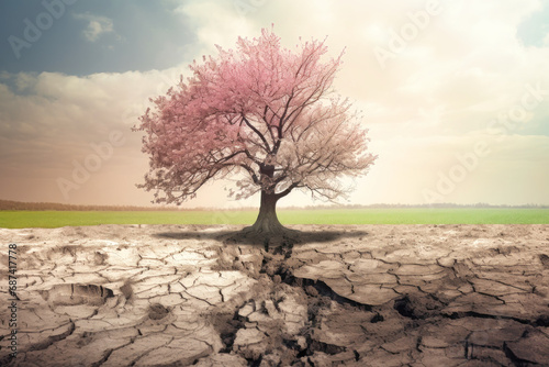 Dry land with cracked soil and a lonely tree. Global warming concept. Soil erosion. Ecology. Deforestation.