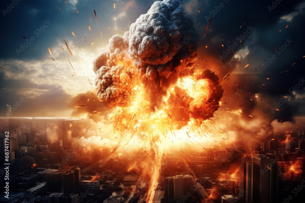 Explosion of nuclear bomb over city. Fire and smoke. Attack on a peaceful city. War.