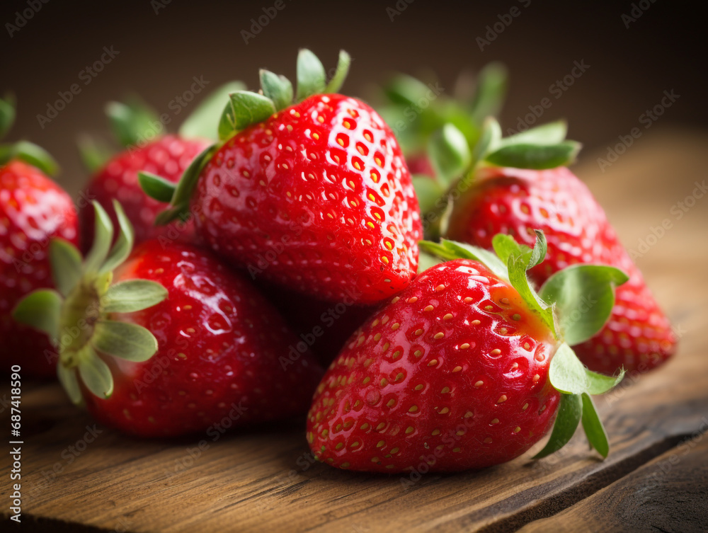 A close-up shot of fresh strawberries on a rustic wooden surface, highlighting their vibrant red color and natural texture.
