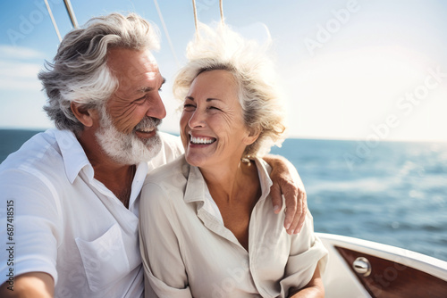 An elderly couple sits in a boat or yacht against the backdrop of the sea. Happy and smiling. They look at the waves and hug. Sea voyage, vacation © Anoo
