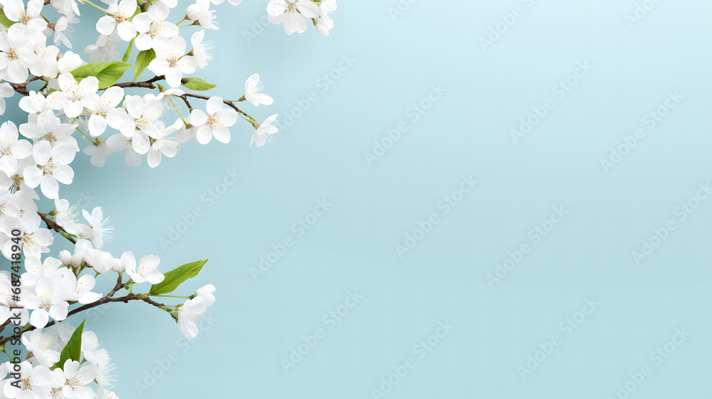 spring border background with white blossom copy space. - obrazy, fototapety, plakaty 
