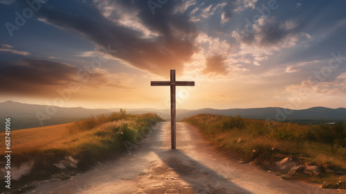 Wooden catholic orthodox wooden cross on a hill on a road sunset second coming background om the sun light. 