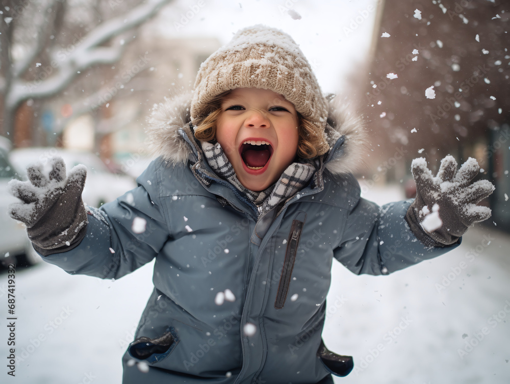 child screaming in joy while playing in snow with snow flakes filling the air child screaming in joy while playing in snow with snow flakes filling the air