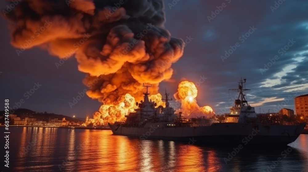 Burning naval vessel in the port. AI Burning naval vessel in the port. AI