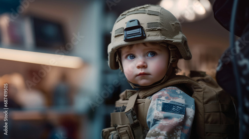 A child in military uniform. Baby soldier at war. No war © Vladimir