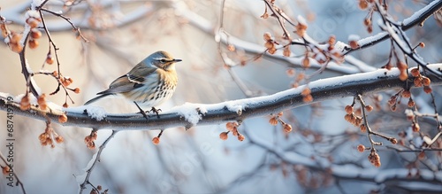 Fieldfare perched in winter tree.