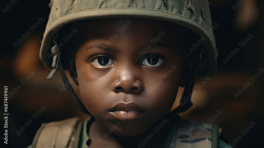 A child in military uniform. Baby soldier at war. No war A child in military uniform. Baby soldier at war. No war
