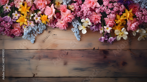 spring flowers on wooden background copy space.