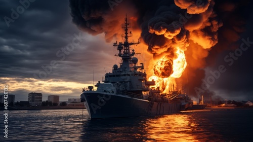 Burning naval vessel in the port. AI