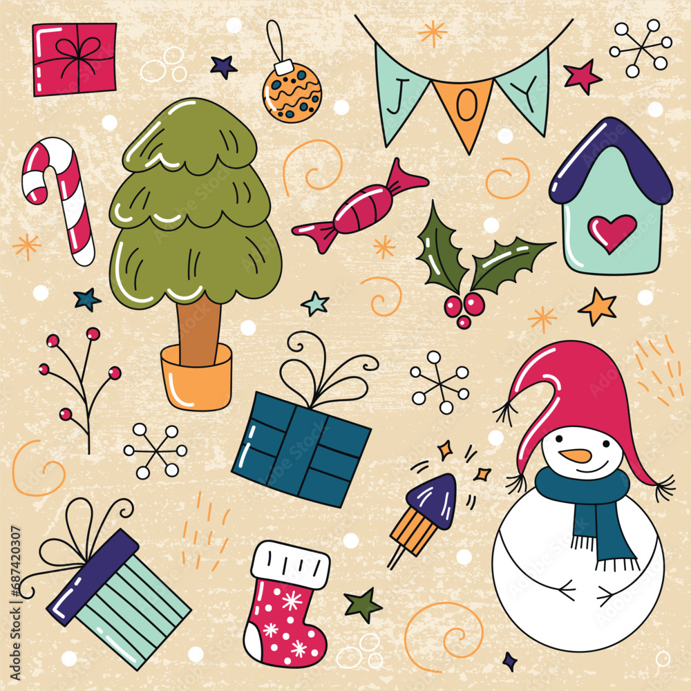 Hand drawn Merry Christmas and New Year doodle set with tree, snowman, gift boxes, star elements. Vector illustration. Hand drawn Merry Christmas and New Year doodle set with tree, snowman, gift boxes, star elements. Vector illustration.