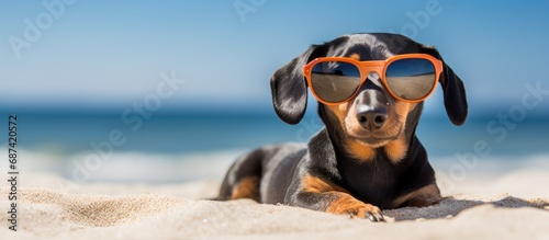 Beach dachshund with black and tan fur, red sunglasses, enjoying the sand and ocean during summer break.