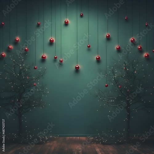 New Year and Christmas background in a minimalist style with a Christmas tree and balls: aesthetics, postcard, screensaver, congratulations, wall, room, interior (Ai generation)