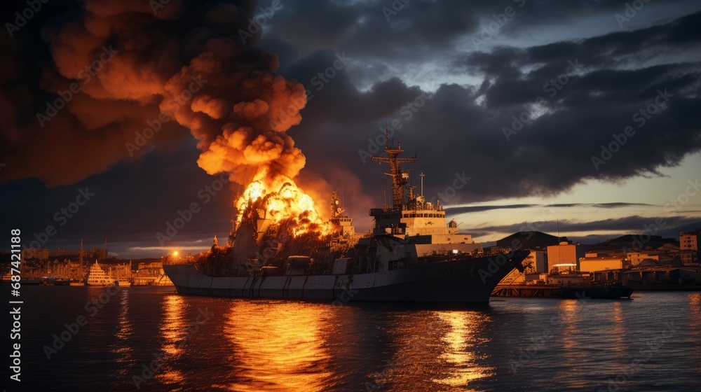 Burning naval vessel in the port. AI