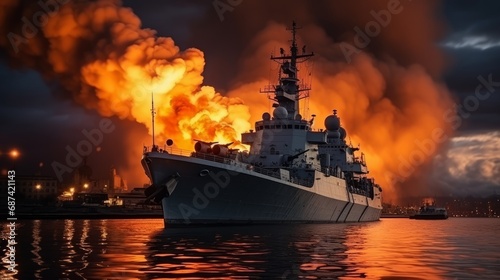 Burning naval vessel in the port. AI