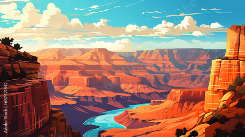 The view of a barren canyon. Canyon formations occur due to water erosion millions of years ago. 2D flat cartoon style illustration.