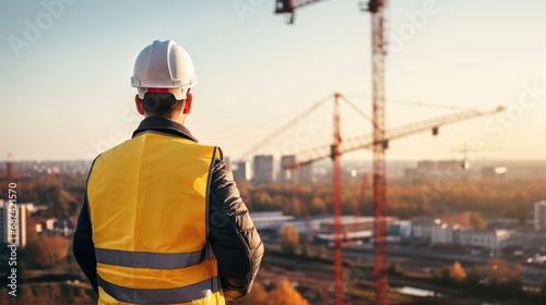 engineer man or architect looking forward with white safety helmet in city construction site . Standing on rooftop building construction at capital. photo
