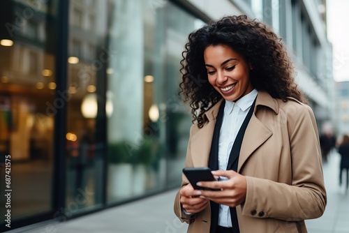 Portrait of talented, successful female employee, entrepreneur waiting for client outdoor, holding mobile phone, messaging client, smiling satisfied, look confident photo