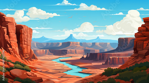 The view of a barren canyon. Canyon formations occur due to water erosion millions of years ago. 2D flat cartoon style illustration.