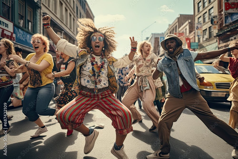 Joyful crowd of people dancing in the street. Joyful crowd of people dancing in the street.