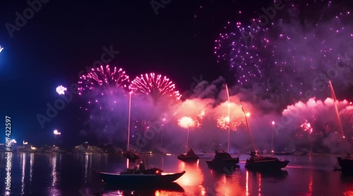 Beautiful fireworks from a boat on the wide sea photo
