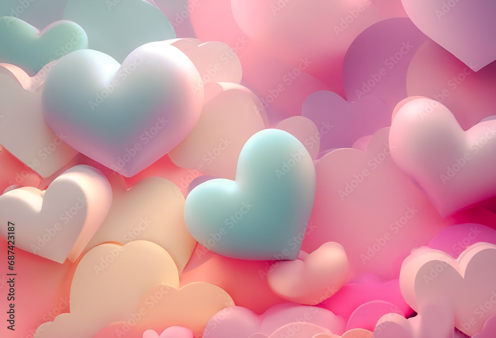 Colorful 3D hearts on a soft pink background, symbolizing love and Valentine's Day.