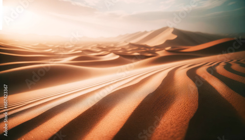 Sunset over desert landscape creating a tapestry of light and shadow on sand dunes. Harmony concept. Generative AI