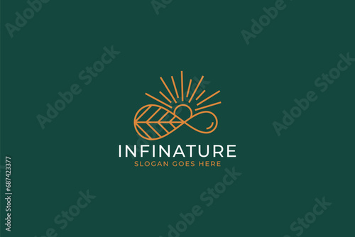 Infinity and Nature Logo with Concept Shape Limitless Infinite Unlimited Sign Symbol Sun Leaf Water Abstract