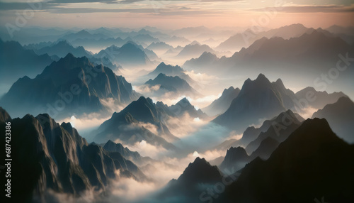 Misty mountains bathed in the soft glow of sunrise, a serene and dreamy vista. Generative AI