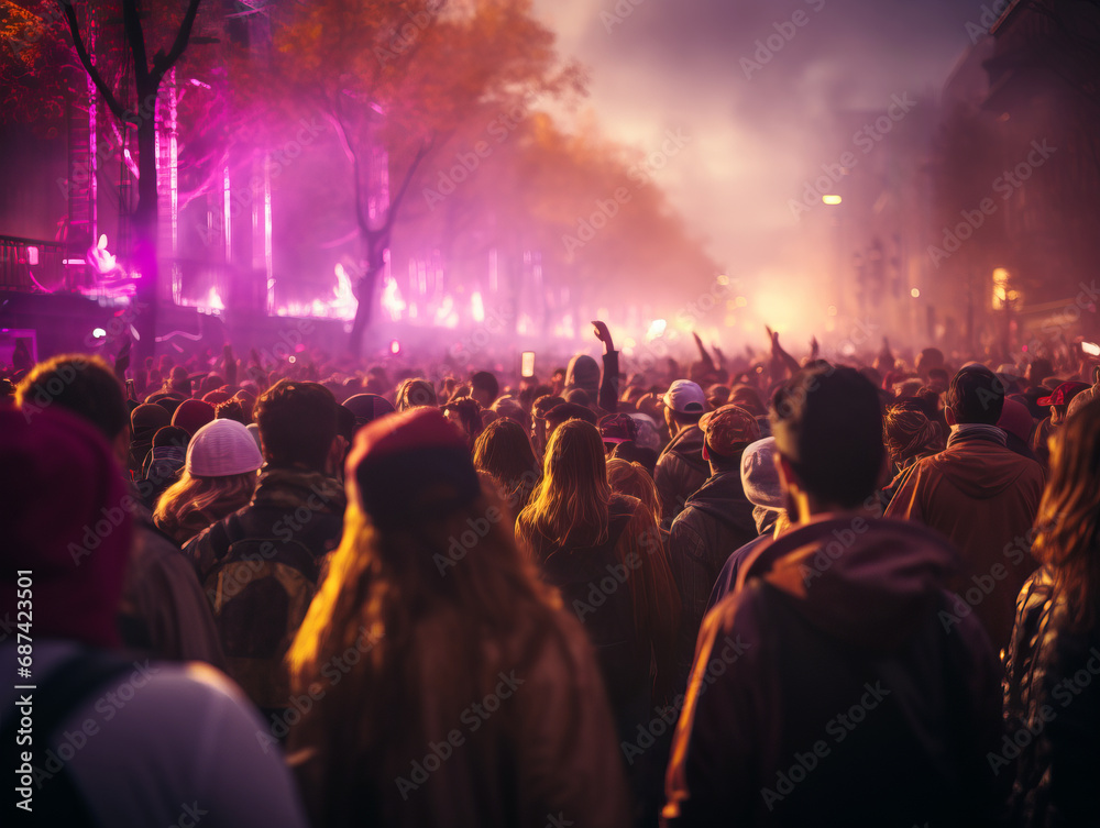 Festival atmosphere filled with vibrant lights and ecstatic music fans. Generative AI