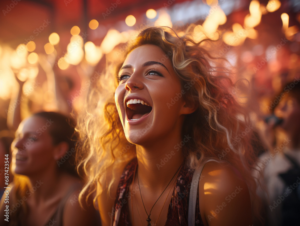 Joyful concertgoer immersed in festive concert atmosphere. Generative AI Joyful concertgoer immersed in festive concert atmosphere. Generative AI