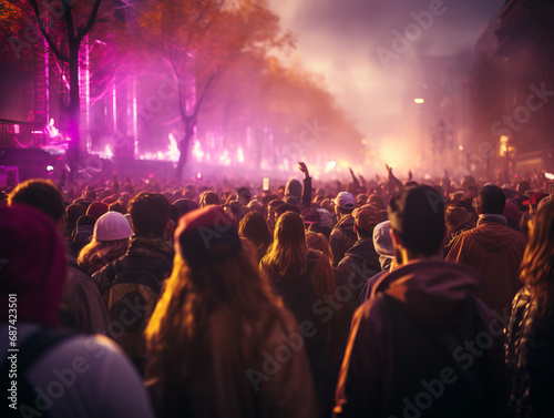 Festival atmosphere filled with vibrant lights and ecstatic music fans. Generative AI