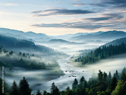 Sunrise mist over a lush forest and snaking river in a serene valley landscape. Generative AI