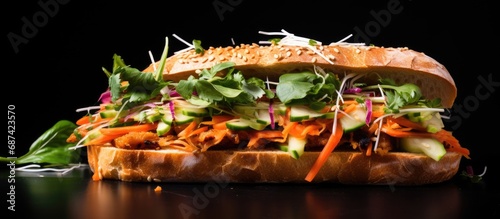 Asian fusion vegan sandwich with fresh and fermented vegetables on white bread.