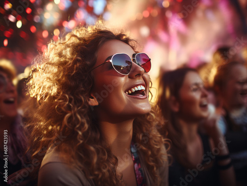 Happy woman with sunglasses at a colorful music festival. Generative AI