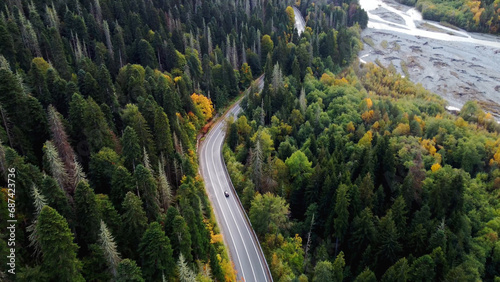 a road in the mountains in an autumn multicolored forest shot from above on a copter photo