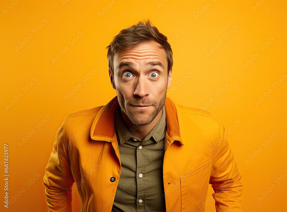 A close-up portrait of a young man in bright clothes with big eyes and an open mouth expressing an emotion of shock or surprise. A close-up portrait of a young man in bright clothes with big eyes and an open mouth expressing an emotion of shock or surprise.