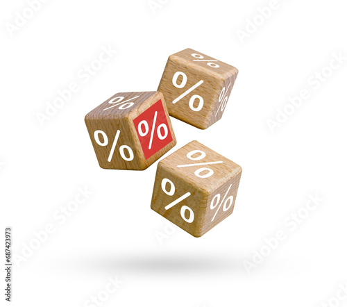 Wooden blocks with percentage sign flying on white background.