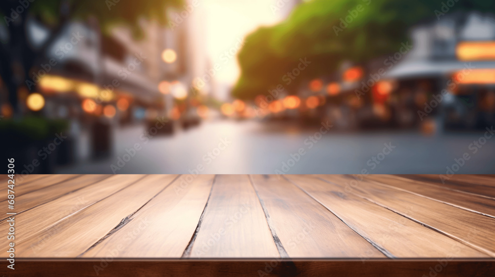 Urban Elegance: Empty Wooden Table with Blurry City Street Background for Versatile Product Presentations and Advertisements