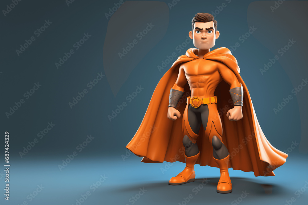 Orange Dynamic 3D Cartoon Superhero in Heroic Cape Pose