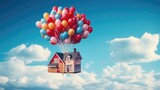 Balloon flying on sky with mini house
