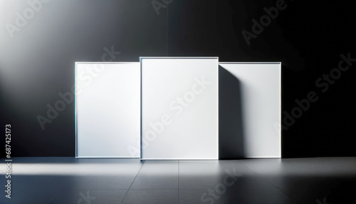 Elegant exhibition space with blank displays and diffuse sunlight. Modern art and design concept. Generative AI