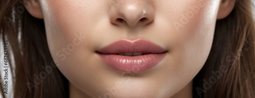 Close-up of perfect natural lip makeup. Photo of beautiful female face. pink glossy plump lips, natural face, beauty and skin care. photo