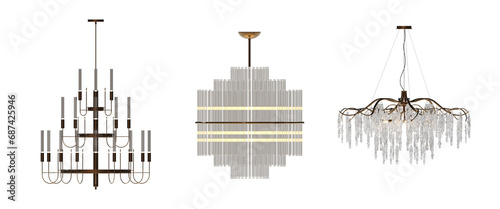 chandelier on the ceiling isolated on white background, hanging lamp, pendant light, 3D illustration, cg render