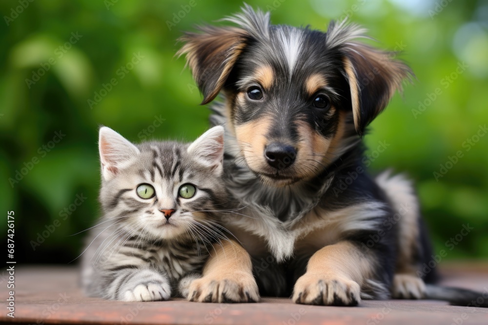 cat and dog are looking at camera. kitten and puppy are lying side by side. Friends. cat and dog are looking at camera. kitten and puppy are lying side by side. Friends.
